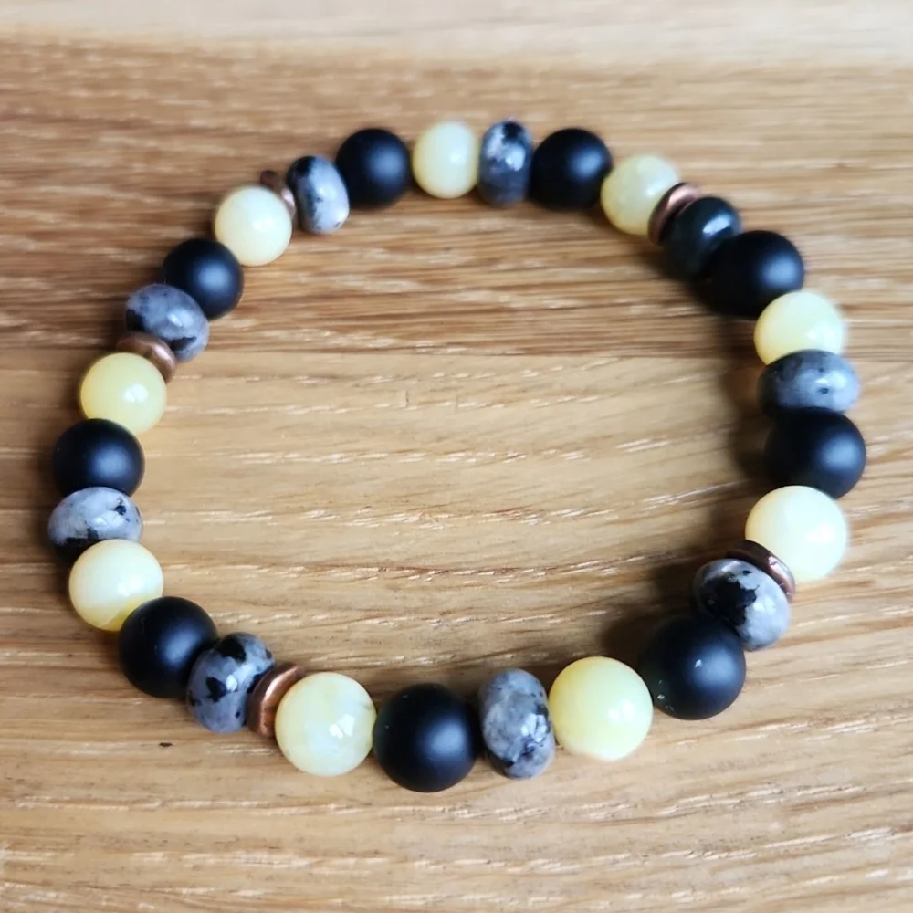 Yellow Opal, Black Onyx & Gray Larvikite Beads Stretch Bracelet, Hand Crafted - Picture 6 of 11